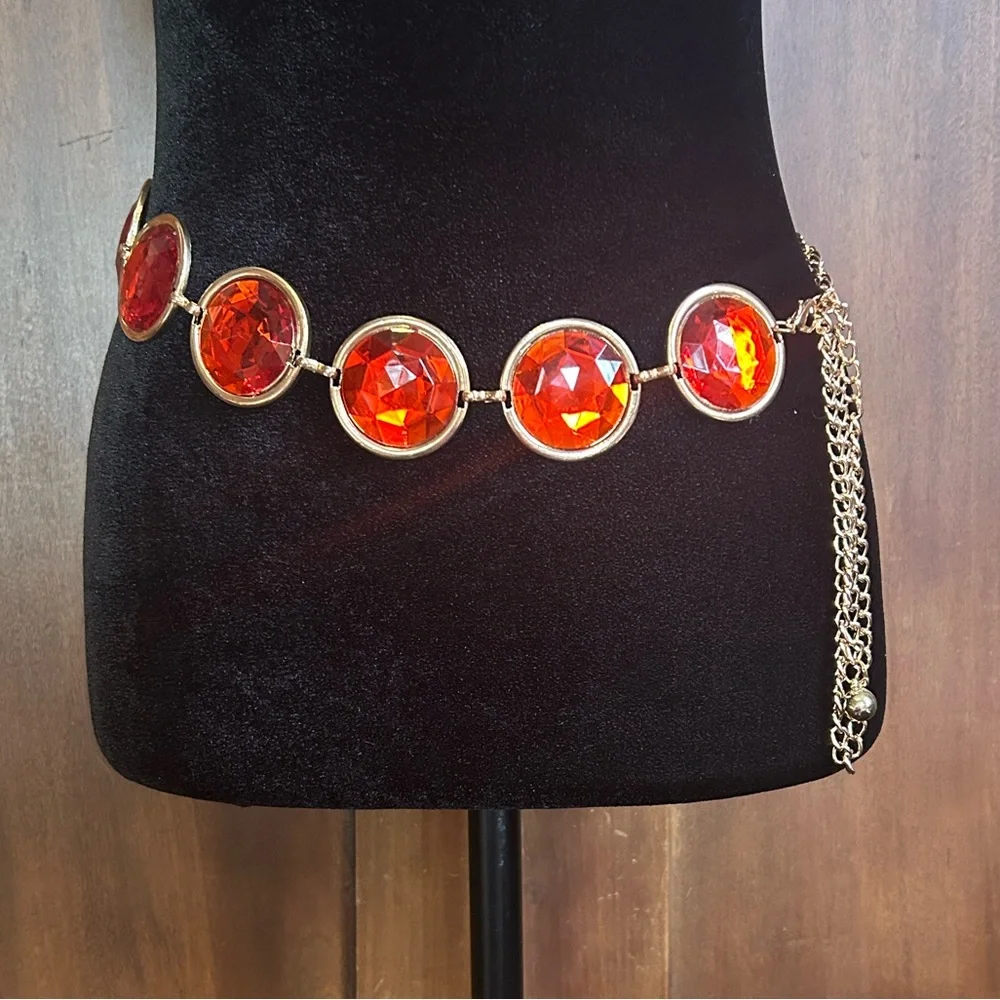 80s Chain Belt with Huge Orange Glass Gems OS